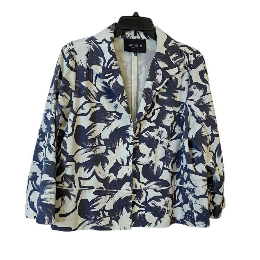 Lafayette 148 New York Blazer Jacket Blue White Floral Cotton Women Size 14